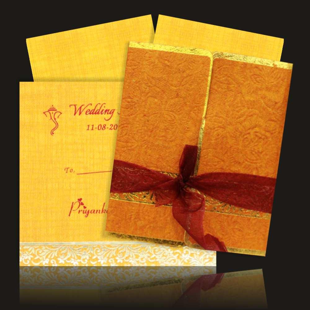 Gorgeous Ribbon With Gold Color Wedding Card - KNK30000-3